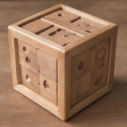 Generate an image of a complex, handcrafted wooden puzzle box.