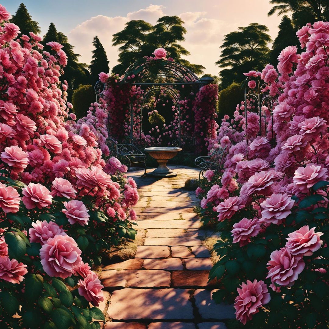 High-definition photograph of a Victorian pink rose garden with a quaint and elegant landscape design, vibrant pink roses, perfect lighting composition, and an ultra-intense camera shot, exuding editorial magazine vibes