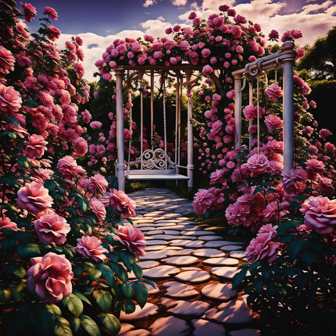 High-definition photograph of a Victorian pink rose garden with a quaint and elegant landscape design, vibrant pink roses, a white outdoor swing set, perfect lighting composition, and an ultra-intense camera shot, exuding editorial magazine vibes