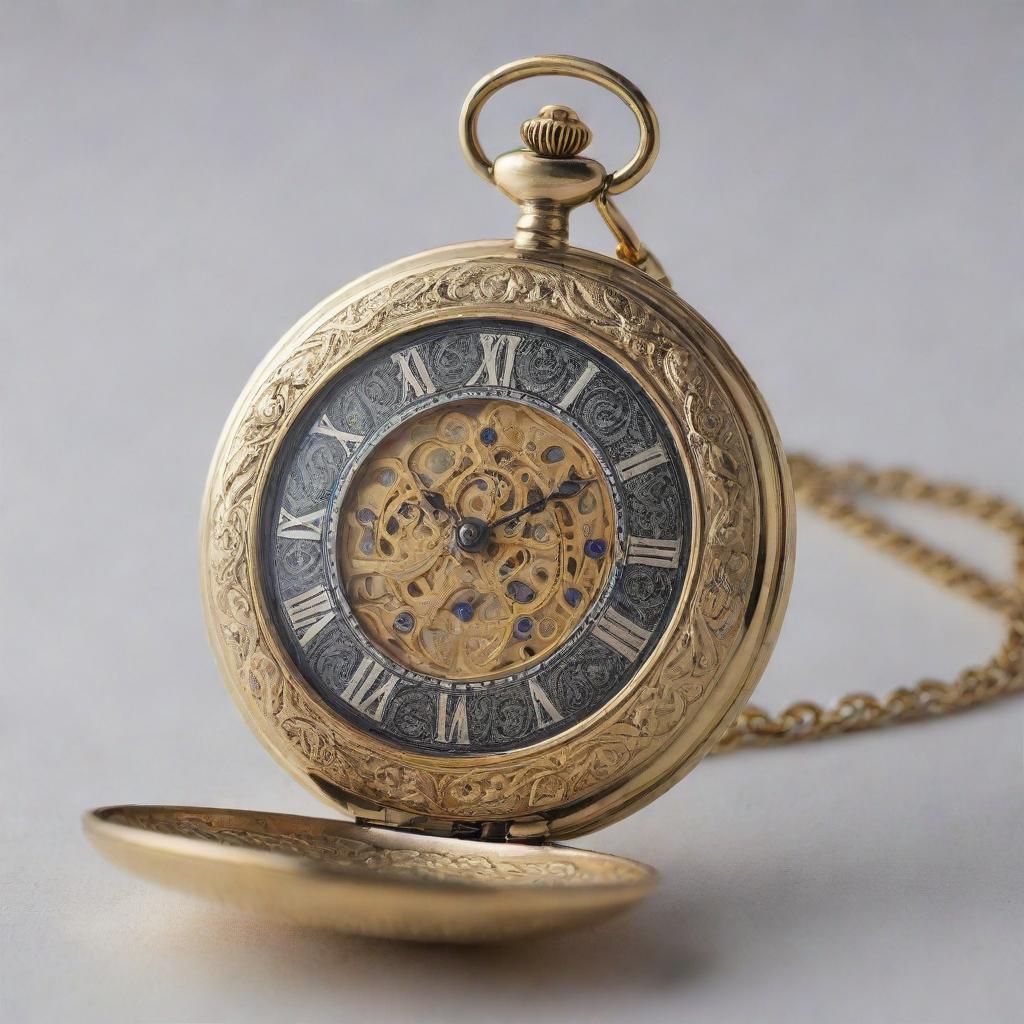 Generate an intricately detailed Victorian pocket watch with golden engraving, opened to reveal a beautifully crafted clock face