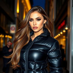 A glamorous young woman dressed in a tight shiny black puffer jacket that accentuates her curves