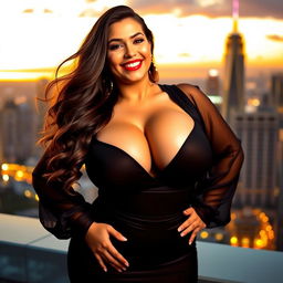 A voluptuous woman with large breasts, wearing a glamorous outfit that accentuates her curves