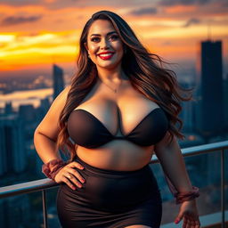 A voluptuous woman with large breasts, wearing a glamorous outfit that accentuates her curves