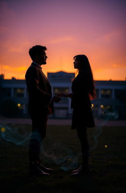 A scene featuring two main characters, a man and a woman standing in the middle of a high school yard, facing each other with a slight distance in between