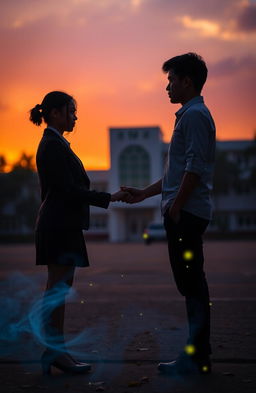 A scene featuring two main characters, a man and a woman standing in the middle of a high school yard, facing each other with a slight distance in between