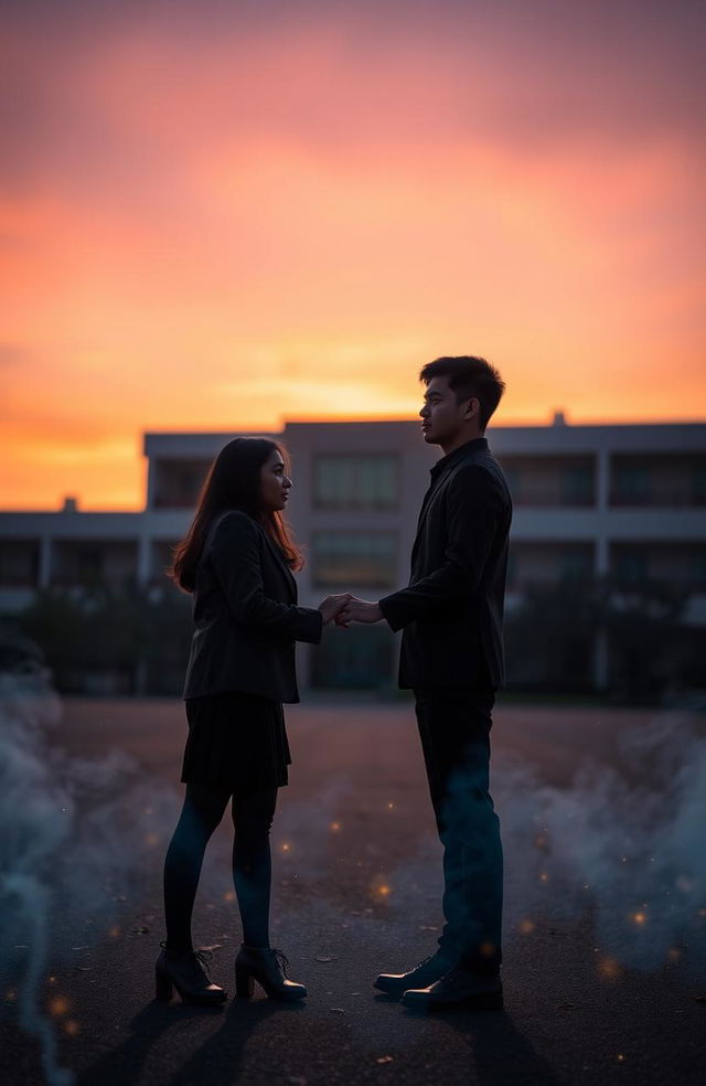 A scene featuring two main characters, a man and a woman standing in the middle of a high school yard, facing each other with a slight distance in between