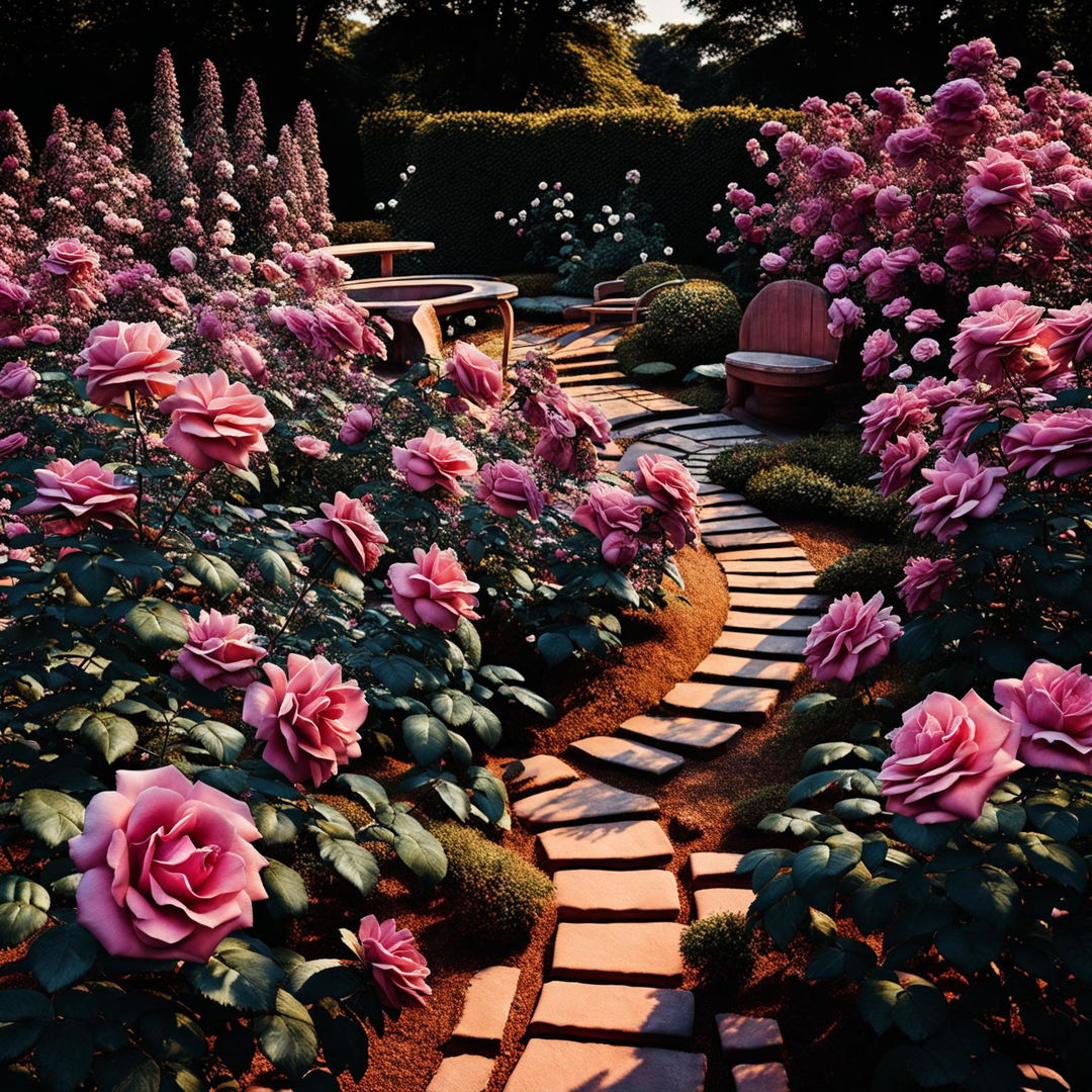 High-definition photograph of a Victorian pink rose garden with an aesthetically pleasing landscape design, vibrant pink roses, perfect lighting composition, and an ultra-intense camera shot, exuding editorial magazine vibes