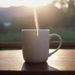 A realistically rendered image of a generic coffee mug on a wooden table, highlighted by the rays of dawn.