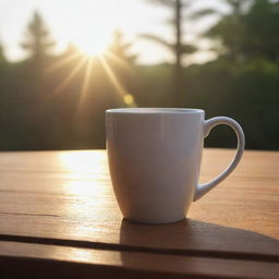 A realistically rendered image of a generic coffee mug on a wooden table, highlighted by the rays of dawn.