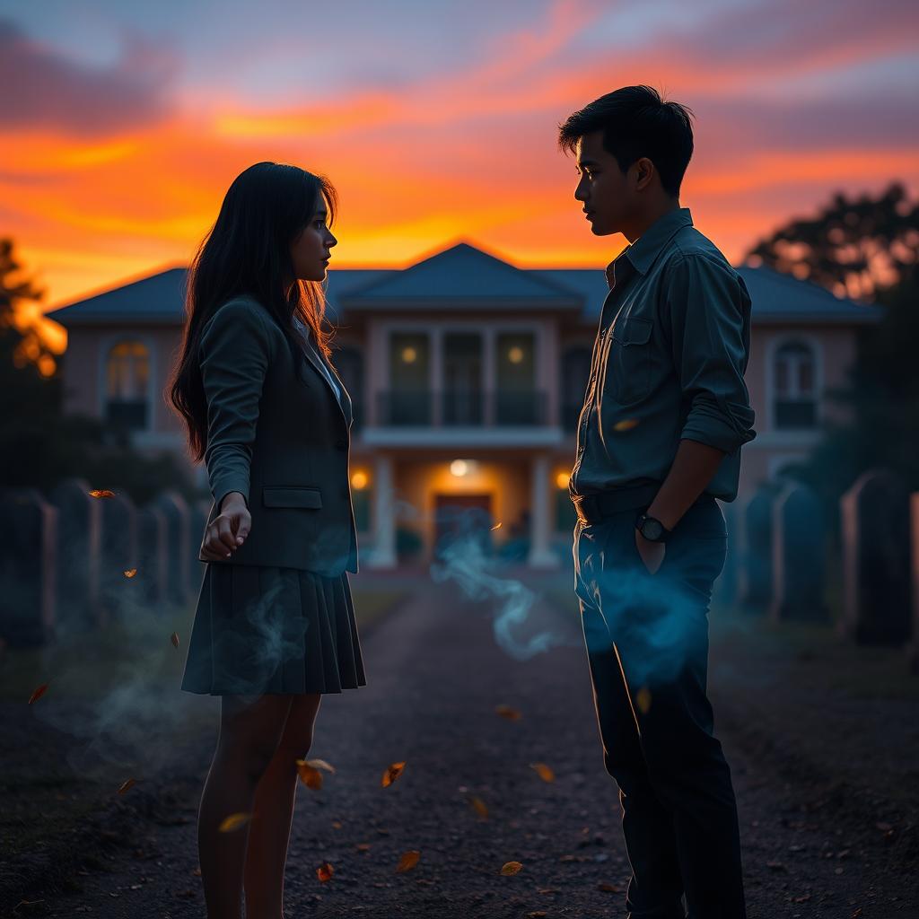 A horror novel cover featuring a haunted school built over a graveyard, focusing on two main characters