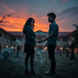 A horror novel cover featuring a haunted school built over a graveyard, focusing on two main characters