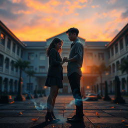 A horror novel cover featuring a haunted school built over a graveyard, focusing on two main characters