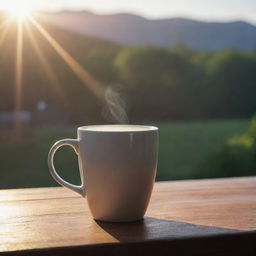 A realistically rendered image of a generic coffee mug on a wooden table, highlighted by the rays of dawn.