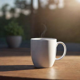 A realistically rendered image of a generic coffee mug on a wooden table, highlighted by the rays of dawn.