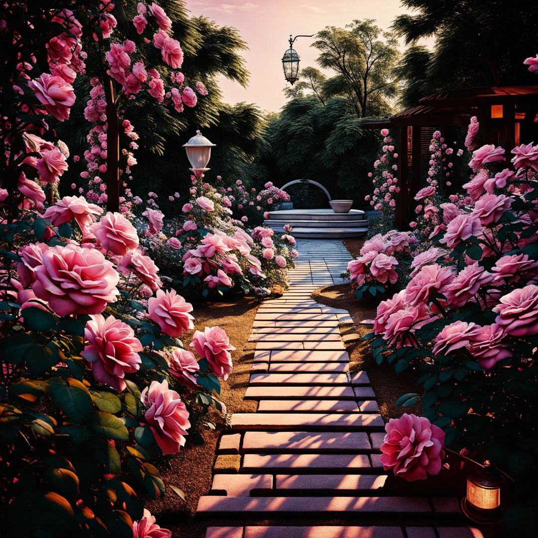 High-definition photograph of a Victorian pink rose garden with a modern yet quaint landscape design, vibrant pink roses, perfect lighting composition, and an ultra-intense camera shot, exuding editorial magazine vibes