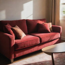 A detailed image of a plush, velvety red living room couch bathed in the soft, warm light of an afternoon sun filtering through a nearby window