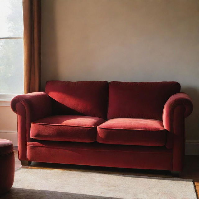 A detailed image of a plush, velvety red living room couch bathed in the soft, warm light of an afternoon sun filtering through a nearby window