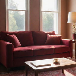 A detailed image of a plush, velvety red living room couch bathed in the soft, warm light of an afternoon sun filtering through a nearby window