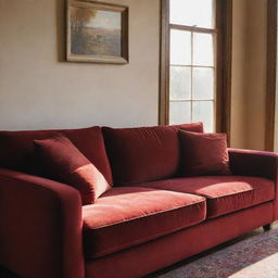 A detailed image of a plush, velvety red living room couch bathed in the soft, warm light of an afternoon sun filtering through a nearby window