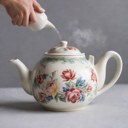 Generate a vintage ceramic teapot with floral design, the spout pouring out steaming hot tea.