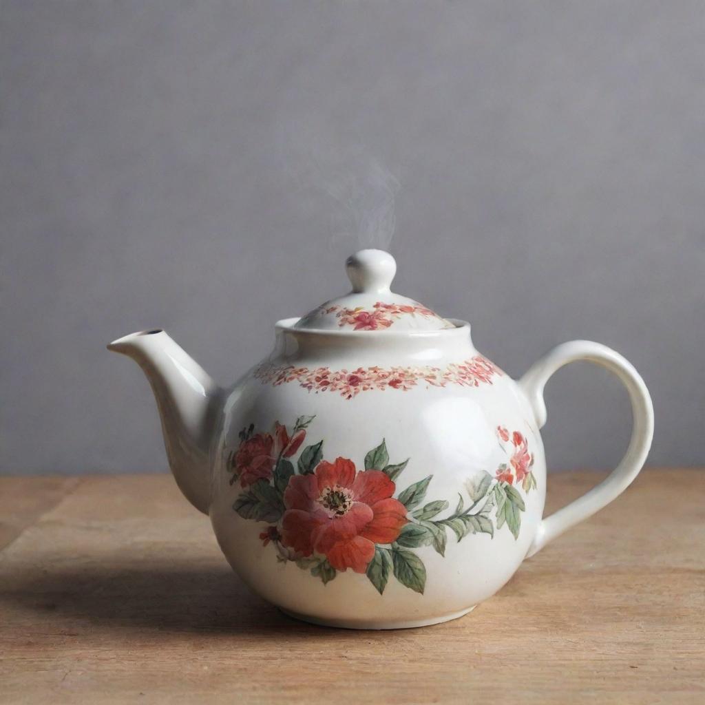 Generate a vintage ceramic teapot with floral design, the spout pouring out steaming hot tea.