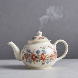 Generate a vintage ceramic teapot with floral design, the spout pouring out steaming hot tea.