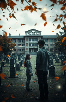 A horror novel cover featuring a high school built on a graveyard, focused on two main characters: a woman and a man standing in the middle of the schoolyard, facing away from each other with expressions of caution and fear