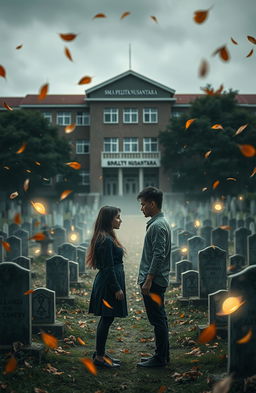 A horror novel cover featuring a high school built on a graveyard, focused on two main characters: a woman and a man standing in the middle of the schoolyard, facing away from each other with expressions of caution and fear