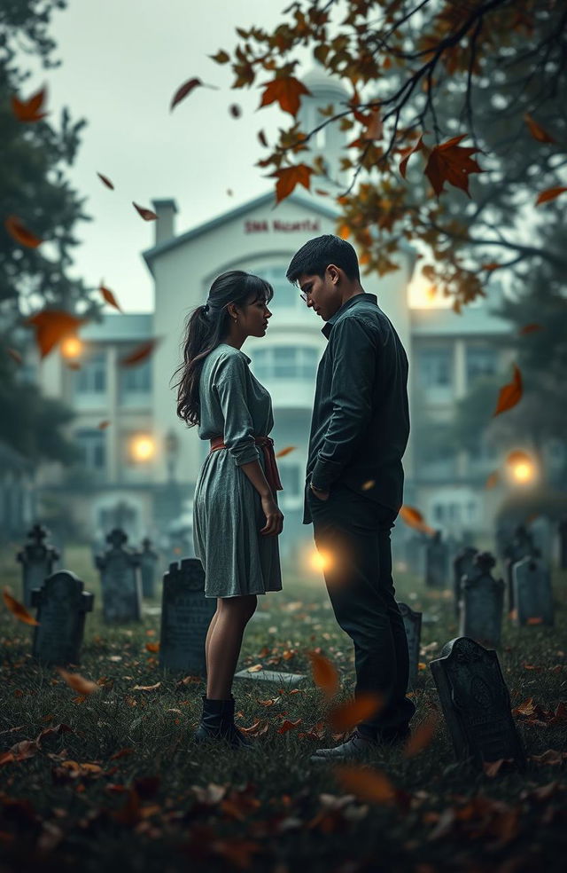 A horror novel cover featuring a high school built on a graveyard, focused on two main characters: a woman and a man standing in the middle of the schoolyard, facing away from each other with expressions of caution and fear