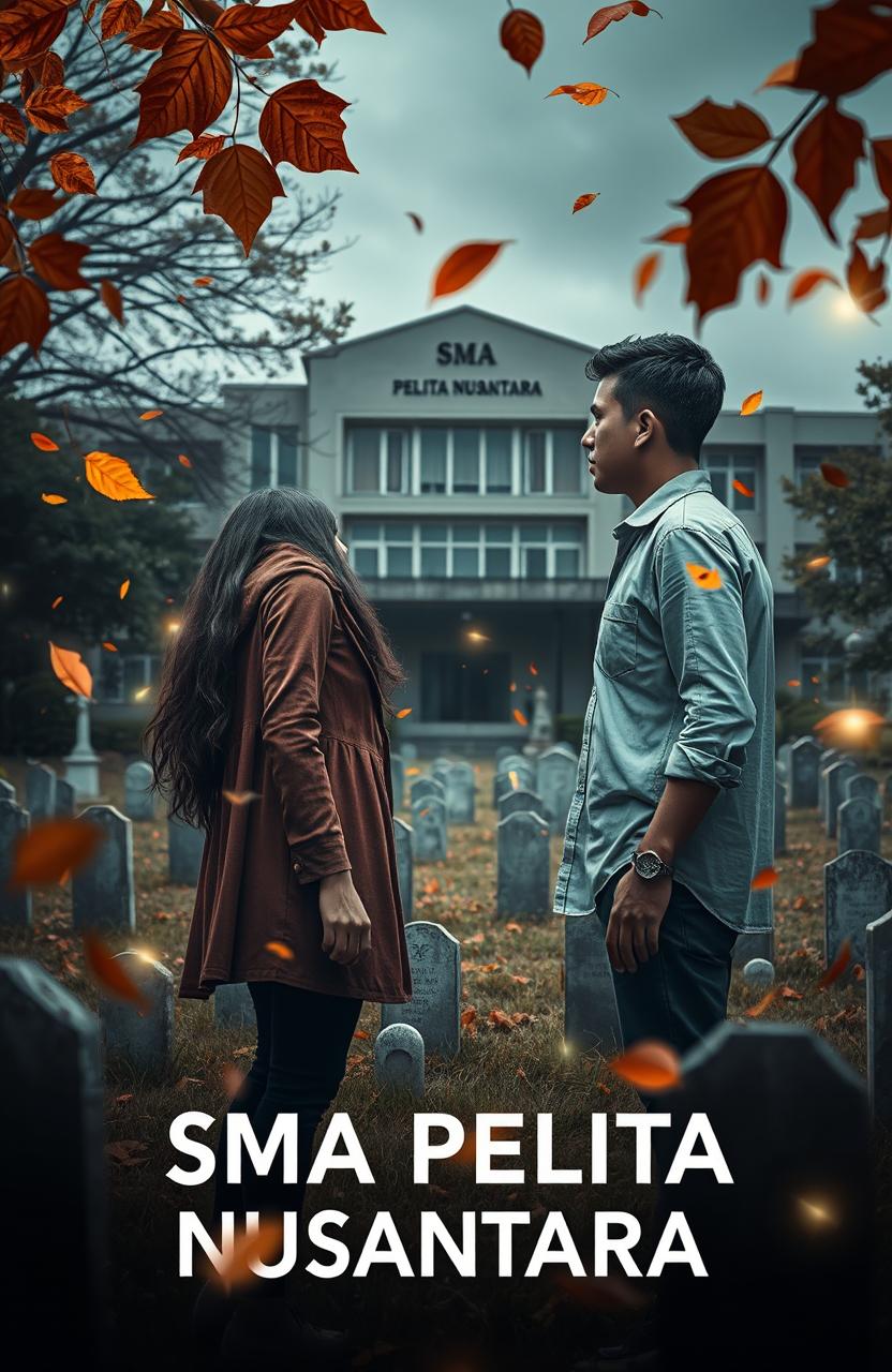 A horror novel cover featuring a high school built on a graveyard, focused on two main characters: a woman and a man standing in the middle of the schoolyard, facing away from each other with expressions of caution and fear