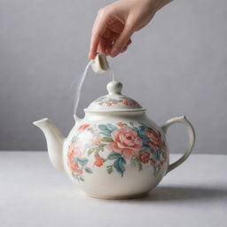 Generate a vintage ceramic teapot with floral design, the spout pouring out steaming hot tea.