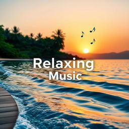 A vibrant and serene YouTube thumbnail for a relaxing music video, featuring a tranquil landscape with a sunset over calm waters