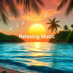 A vibrant and serene YouTube thumbnail for a relaxing music video, featuring a tranquil landscape with a sunset over calm waters