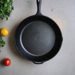 A beautifully detailed image of a cast iron frying pan on a kitchen countertop, under the soft glow of the overhead lights.