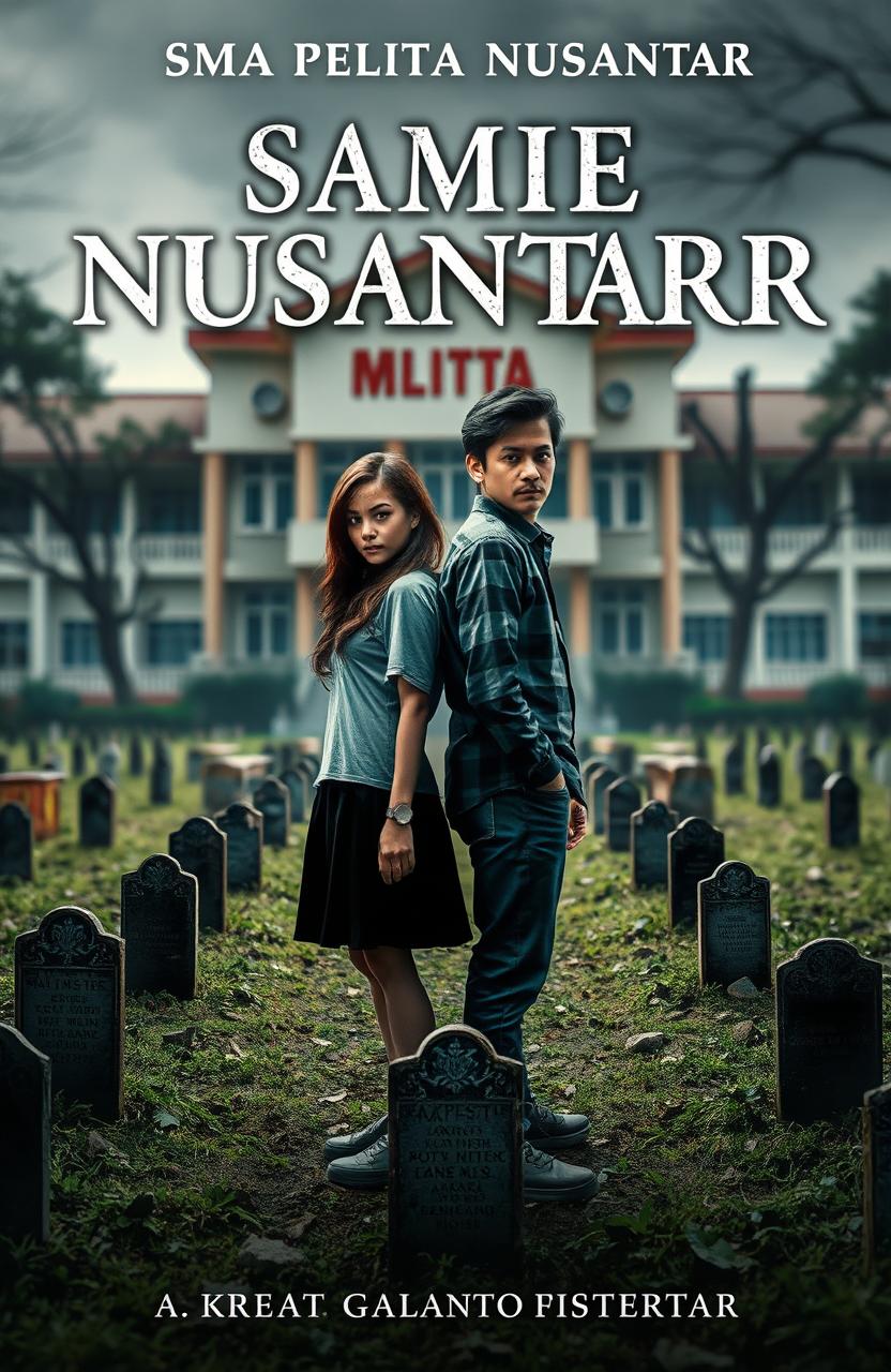 A horror novel cover featuring a female and male character standing in the middle of a haunted schoolyard