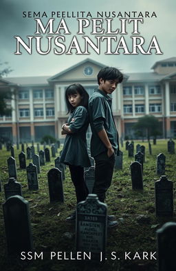 A horror novel cover featuring a female and male character standing in the middle of a haunted schoolyard