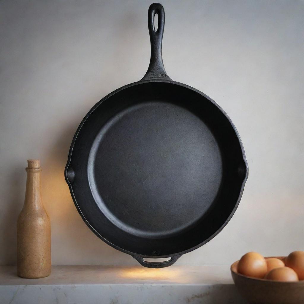 A beautifully detailed image of a cast iron frying pan on a kitchen countertop, under the soft glow of the overhead lights.