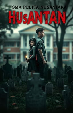 A horror novel cover featuring a female and male character standing in the middle of a haunted schoolyard