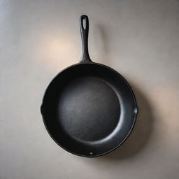 A beautifully detailed image of a cast iron frying pan on a kitchen countertop, under the soft glow of the overhead lights.