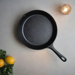 A beautifully detailed image of a cast iron frying pan on a kitchen countertop, under the soft glow of the overhead lights.