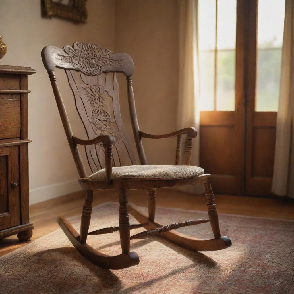 An intricately rendered image of an antique wooden rocking chair, detailed with rich texture, bathed in the mellow glow of evening light in a cozy corner of a living room