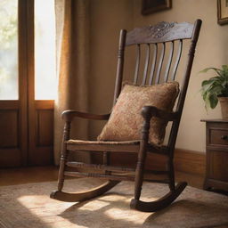 An intricately rendered image of an antique wooden rocking chair, detailed with rich texture, bathed in the mellow glow of evening light in a cozy corner of a living room