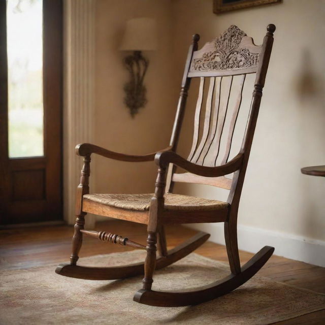 An intricately rendered image of an antique wooden rocking chair, detailed with rich texture, bathed in the mellow glow of evening light in a cozy corner of a living room