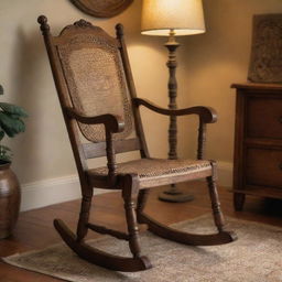 An intricately rendered image of an antique wooden rocking chair, detailed with rich texture, bathed in the mellow glow of evening light in a cozy corner of a living room