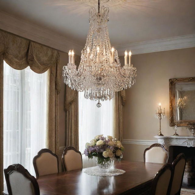 A high-resolution image of a classic crystal chandelier hanging in the middle of an elegant dining room, reflecting prismatic light