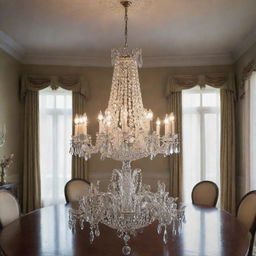 A high-resolution image of a classic crystal chandelier hanging in the middle of an elegant dining room, reflecting prismatic light