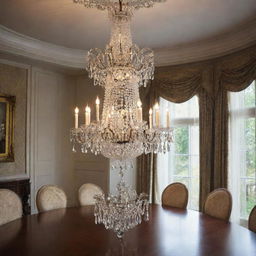 A high-resolution image of a classic crystal chandelier hanging in the middle of an elegant dining room, reflecting prismatic light