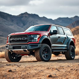 A Ford Raptor R featuring an innovative body design inspired by the Expedition Max, combining the muscular aesthetics of the Raptor with the spacious design elements of the Expedition