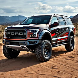 A Ford Raptor R featuring an innovative body design inspired by the Expedition Max, combining the muscular aesthetics of the Raptor with the spacious design elements of the Expedition