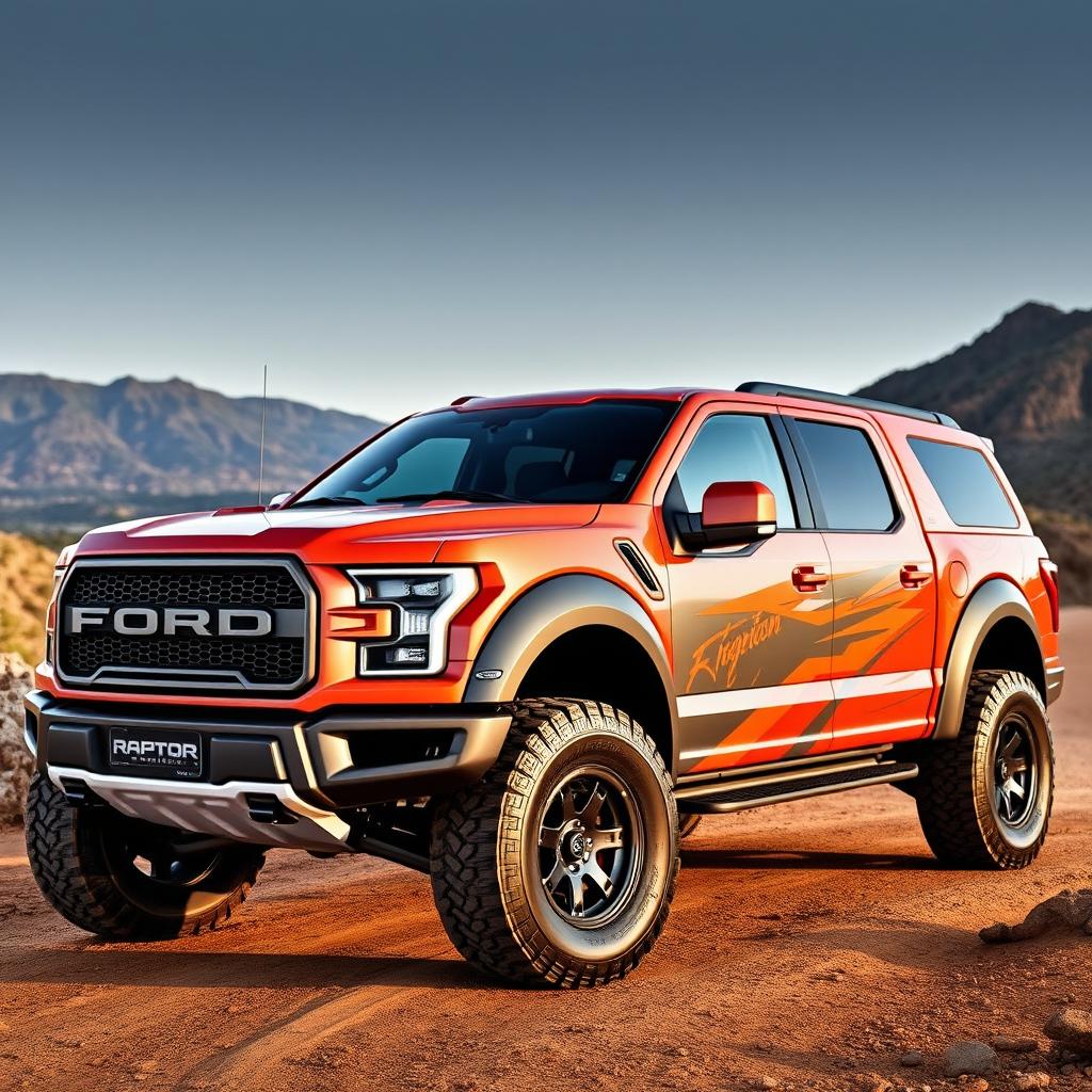 A Ford Raptor R featuring an innovative body design inspired by the Expedition Max, combining the muscular aesthetics of the Raptor with the spacious design elements of the Expedition